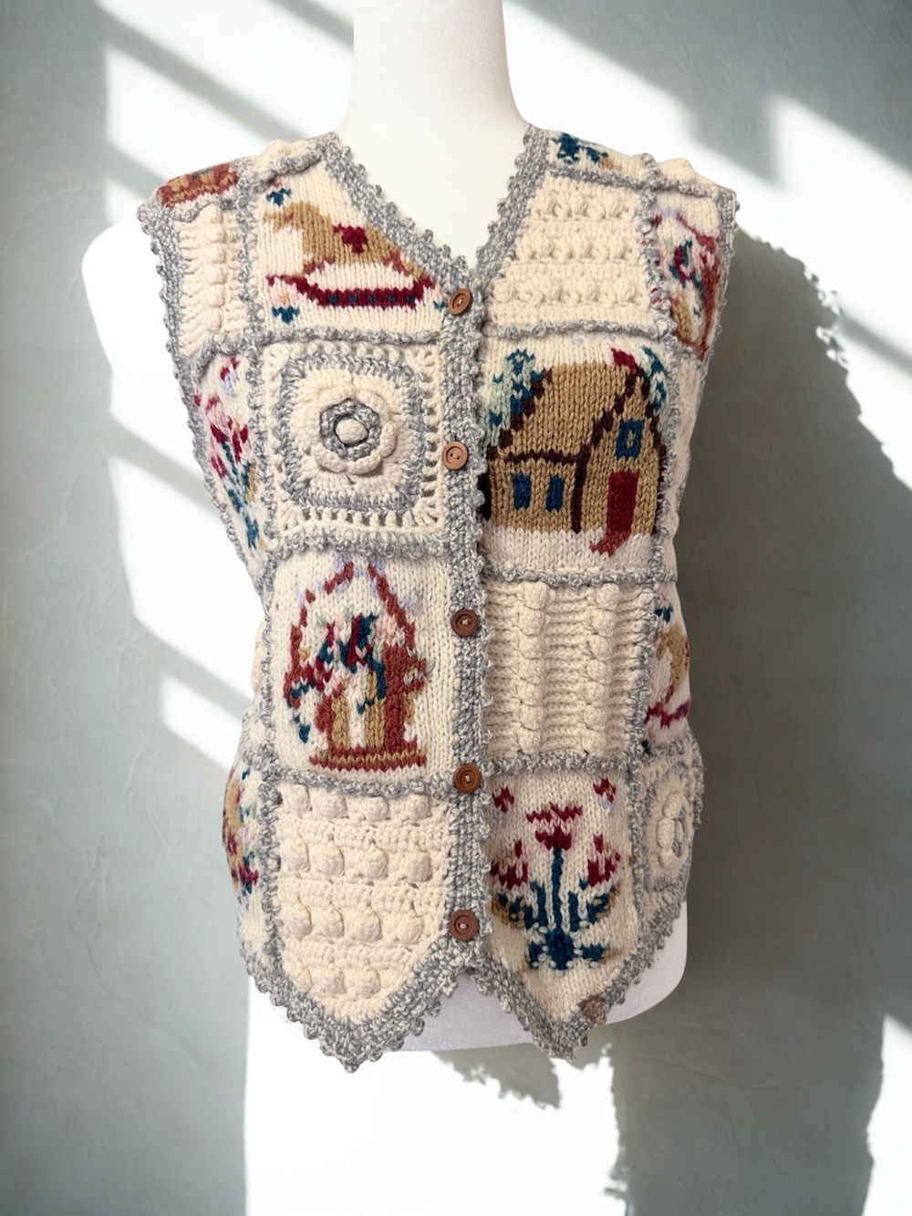 Vintage San Francisco Knitworks Medium Patchwork Wool Vest Cottagecore Folk Art